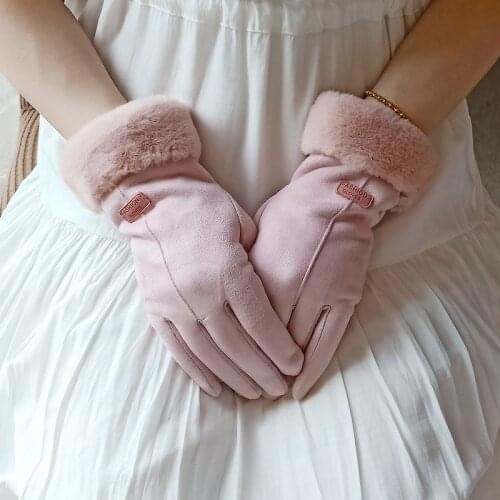 Gloves female Korean deerskin thick plus velvet cycling to keep students warm and touch-screen cute gloves long gloves
