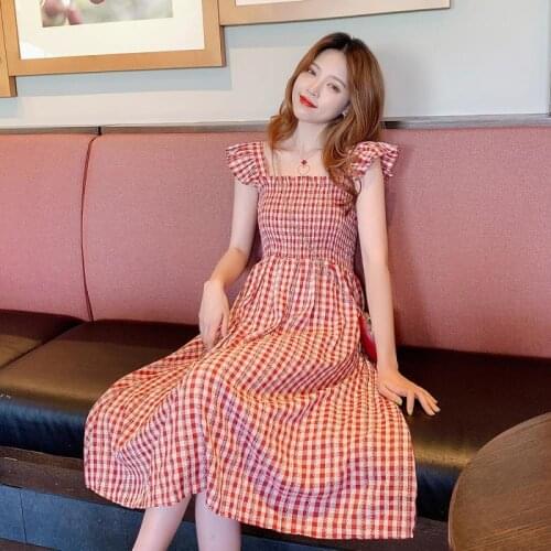 Sexy Checkered Summer Dresses A-Line Elegant Fashion Butterfly Sleeve Girl Suspander Dress Boob Tube Top Dress French Style Midi