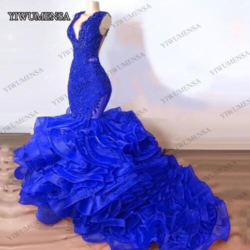 Royal Blue Cascading Ruffles Organza Mermaid Prom Dresses Plus Size Illusion Skin Tulle Back Trumpet Formal Evening Party Gowns