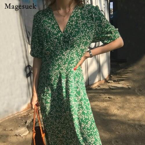 Printed Flower V-neck Dress for Women Green Women Korea Chic Summer Dress Casual High Waist Mid Length Party Dress Vestido 14146