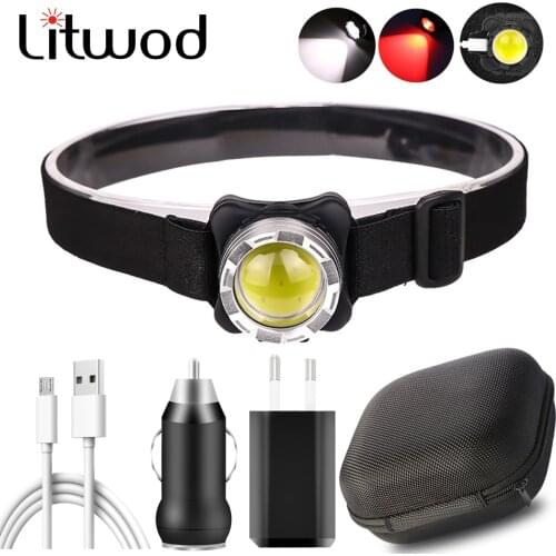 Drop Shipping USB Rechargeable Headlamp Mini Portable Headlight torch Head lamp flashlight Have Battery Red / white LED Headlamp