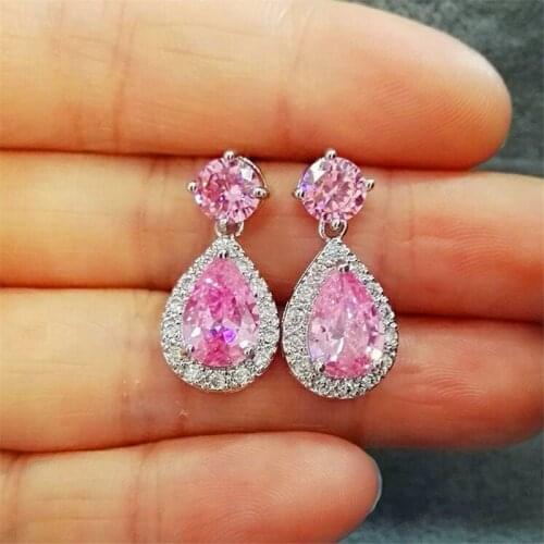 Luxury Female Princess Pink Stone Earrings Silver Color Hanging Drop Earrings Wedding Jewelry Long Dangle Earrings