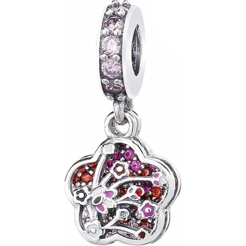 Pink CZ Peach Blossom Pendant Fit Original Pan Charms Bracelet for Women Zircon Plum Flower Beads DIY Jewelry Love Pulseras Gift