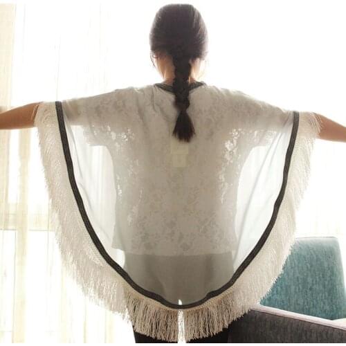 Stitching Tassels Beach Dress Cover Perspective Sexy Pareo For The Beach Sun Protection Chiffon White Womens Tunic High Quality