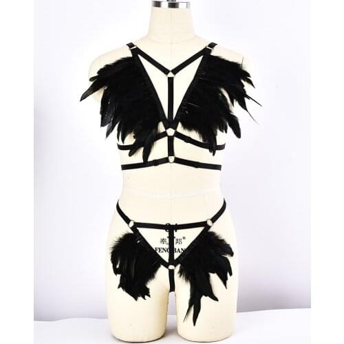 Gothic Black Feather Body Harness Set Clothes Accessories Sexy Lingerie Cage Bra Dance Exaggerate Feather Thong Body Harness