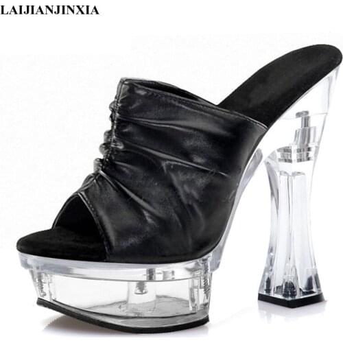 New 14 Cm Super High Heeled Shoes Pleated Slip-on Womens Slippers Crystal Platform Spool Heels Clubbing Stripper Show Shoes