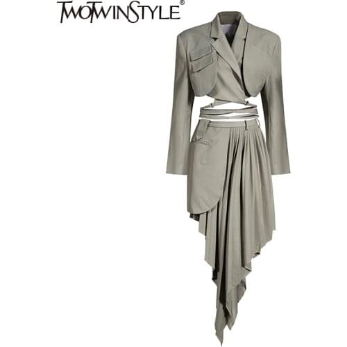 TWOTWINSTYLE Ruched Irregular Two Piece Set For Women Notched Long Sleeve Lace Up Top High Waist Skirt Suit Female 2020 Tide New