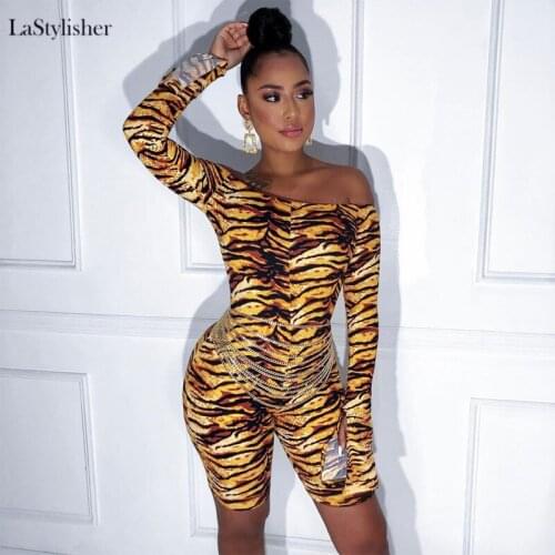 LaStylisher Off Shoulder Playsuits Women Long Sleeve Animal Print Jumpsuit Rompers Casual Sexy Fashion Lady Bodycon Club Clothes