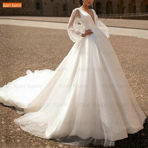 Sexy Backless Wedding Gowns White Deep V Neck Long Puff Sleeves Vestido De Novia 2021 Bridal Dresses Tulle Fluffy Suknie Slubne
