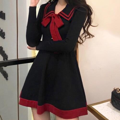 Women Sweet Dress Japan Style Peter Pan Collar Fashion Brand Long Sleeve Mini-dresses Lace Up Bow Autumn Winter Knitted Dress