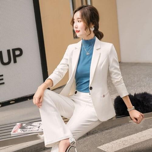 2019 Womens autumn new long-sleeved suit jacket wide leg pants temperament Slim thin waist business professional suit two-piece
