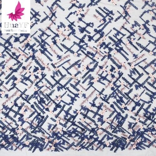 2020 High quality handmade beaded embroidery super heavy handmade beading crystl pealrs wedding dress lace fabric 1 yard blue