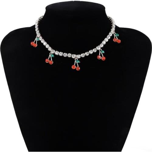 Boho Bling Rhinestone Cherry Pendant Fashion Necklaces Bijoux Chain Choker Crystal Collar Girls Hiphop Jewelry for Women