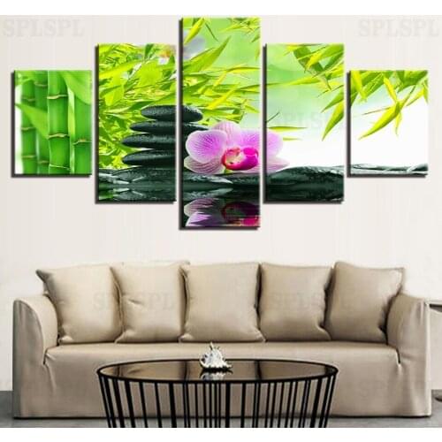Modular Canvas Pictures Home Decor For Living Room Wall Art 5 Pieces Bamboo Stones Flowers Poster HD Prints Paintings