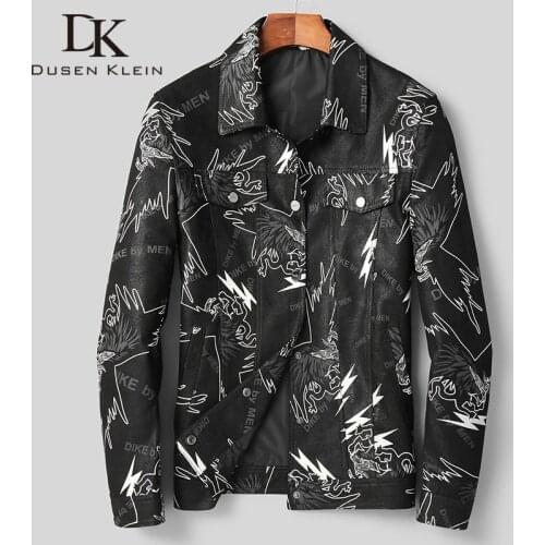 DK Lion Printing Casual Leather Coat Men Autumn Boss Printing Sheepskin Leather Clothing Business Turn-down Collar Leather Cloth