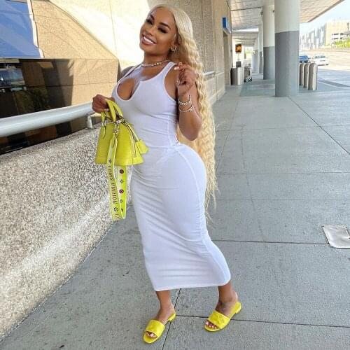 2021 New Summer Ladies Sexy Tight-Fitting Long Skirt Solid Color U-Neck Skirt High Waist Sleeveless High-Strength Dress