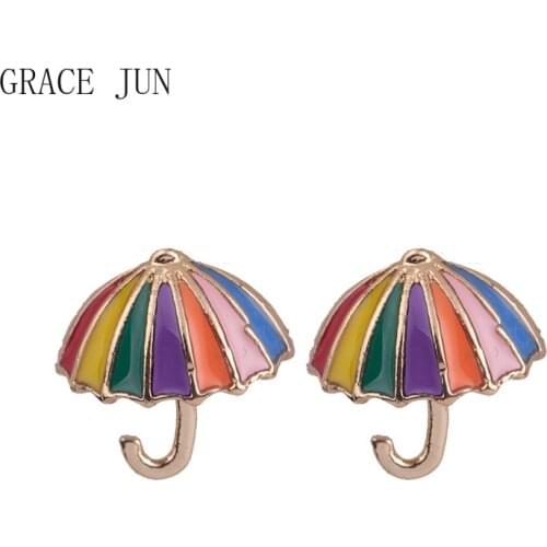 GRACE JUN New Small Umbrella Gold Color Enamel Clip on Earrings Girls Fashion Cute Ear Cuff Fake Earrings Korea Style Ear Clip