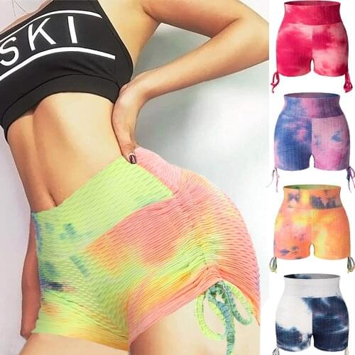 KIWI RATA Tie Dye Workout Butt Lifting Yoga Shorts for Women High Waisted Tummy Control Leggings Textured Ruched Running Shorts