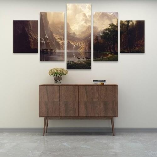 Modern HD Print Wall Art Poster Frame 5 Pieces Picture Forest Lake Animal Deer Landscape Painting On Canvas Room Home decoration