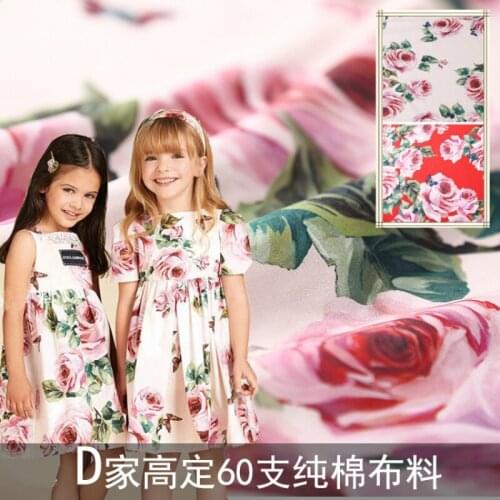 Rose flower printed pure cotton poplin fabric 140 cm width sewing children pajamas parent-child clothing fabric for dress