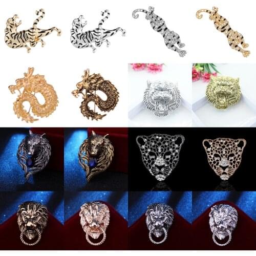 Vintage Animal Lion Head/Tiger Face Head/China Dragon Brooch Crystal Lapel Pin For Men Women Pins Brooches Jewelry Accessories