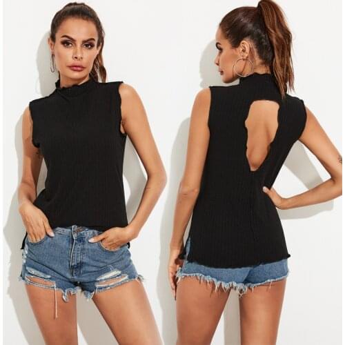 Turtleneck Sleeveless Backless Top Sexy Women Casual Slim Knitted Hollow Out T-Shirt Summer Elegant Black Tee Simple Pullovers