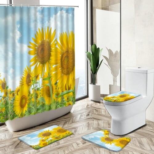 Sunflower Pattern Shower Curtain Flower Bloom Rural Summer Scenery Toilet Cover Non-Slip Rug Bath Mat Bathroom Set Decoration