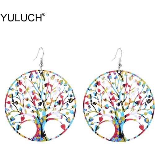 YULUCH Bohemian Round Metal Alloy Multicolor Life Tree Statement Pendant Earrings African Long Jewelry Drop Earrings Women Gifts