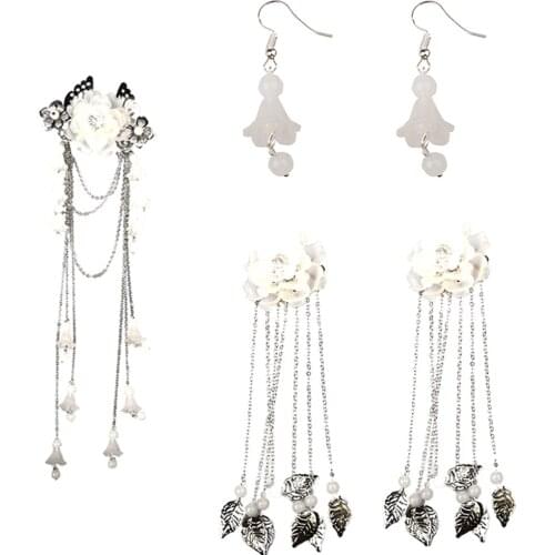 Women HanFu Style Vintage White Flower Hair Clips Chinese Hair Accessories Long Tassel With Leaf Charms Headwear