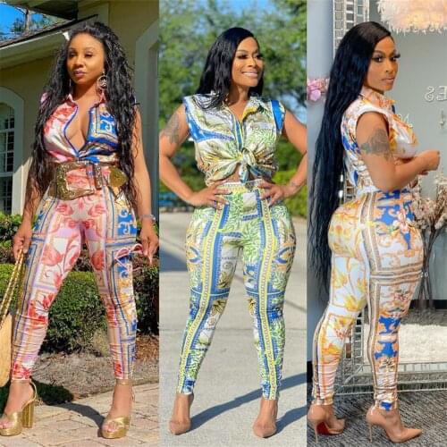 2021 Summer Charming Women Outfits V-Neck Lace Up Fashion Print Sleeveless Skinny Bodycon Pants Nightclub Rompers Real Pictures