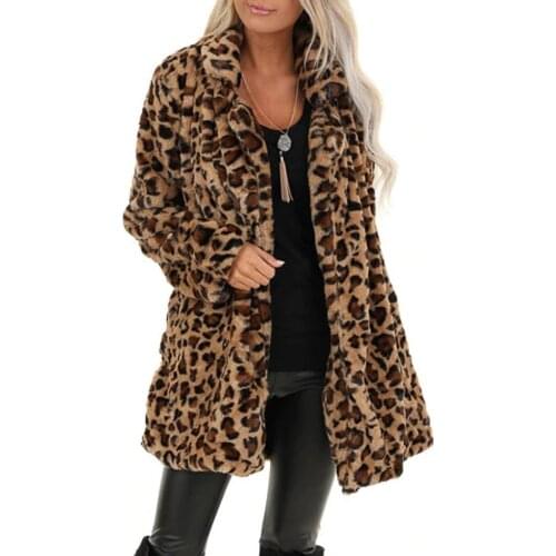 Womens Trench Coat Plush Leopard Faux Fur Pocket Fuzzy Warm Autumn Winter Oversized Outerwear Long Coat Brown Fashion Tops