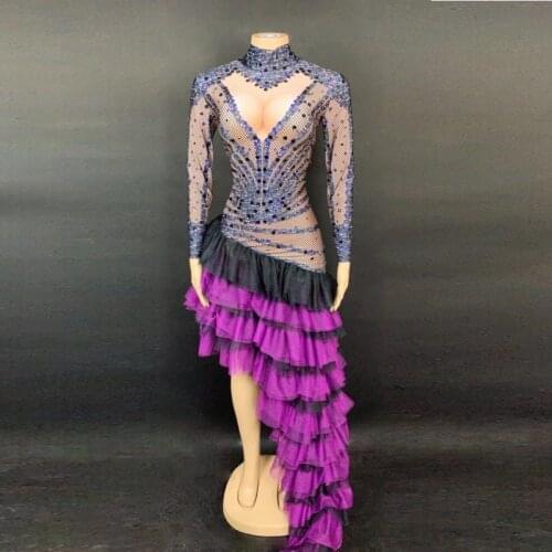Fashion Party Long Dress Women Long Sleeves Big Tail Dress Purple Elegant Jazz Singer Dancer Stage Costumes