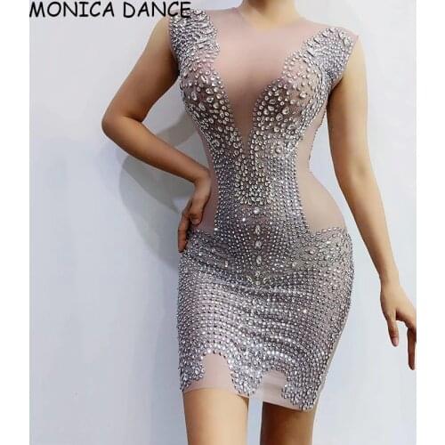 Women Sexy Stage Silver Rhinestones Transparent Dress Bar Women Dancer Dress Singer Prom Outfit Wear Birthday Celebrate Dress