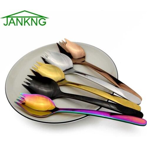 JANKNG 1-Piece Colorful Dinnerware Spork 304 Stainless Steel Salad Spoon Fork Long Handle Picnic Fruit Forks Used For Noodles