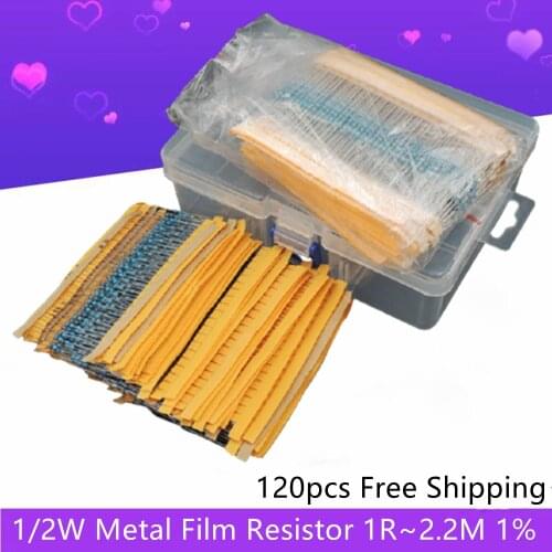 120Pcs Free Shipping 1R~1.1M Metal Film Resistor 1/2W 1K 2.2K 4.7K 10K 100K 100R 220R 121 Kind Full Ohm Resistance 1% Precision