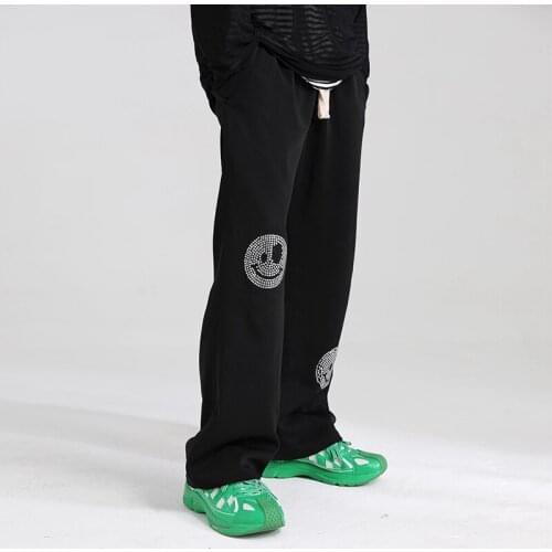 2021 original design smiley face hot drill drape feel wide leg long trousers high street loose straight trousers men
