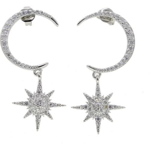 5A sparking bling cz moon star starburst charm dangle drop earring high quality