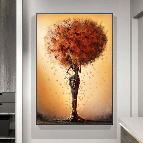 Abstract African Tree Girl Colored Hair Wall Art Poster and Print Oil Canvas Painting Wall Art Pictures Home Decoration No Frame