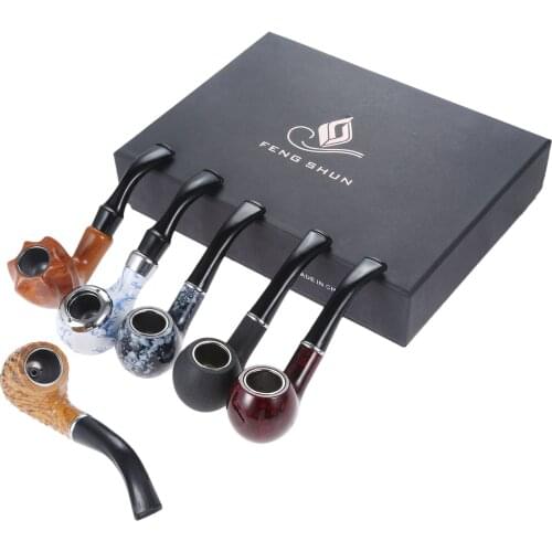 6 Pcs/Set Smoke Accessories Classic Carve Patterns Wood Resin Tobacco Smoking Pipes Best Gift for Grandfather Boy Friend Father