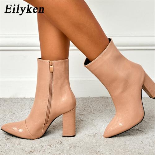 Eilyken 2022 Hot Sale Ankle Boots Sexy Square High Heels Fashion Pointed Toe Zip Ladies Shoes Winter Women Boots Big Size 42