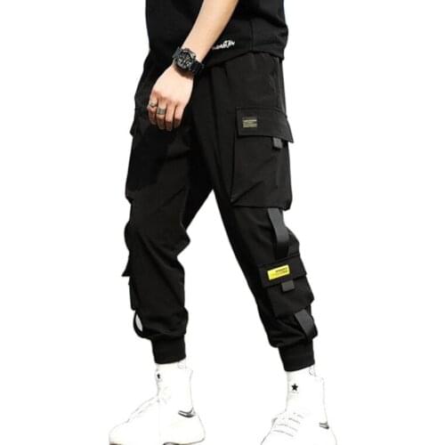 Spring autumn men Korean style black multi pockets ribbons cargo pants streetwear man punk hip hop harem pants joggers