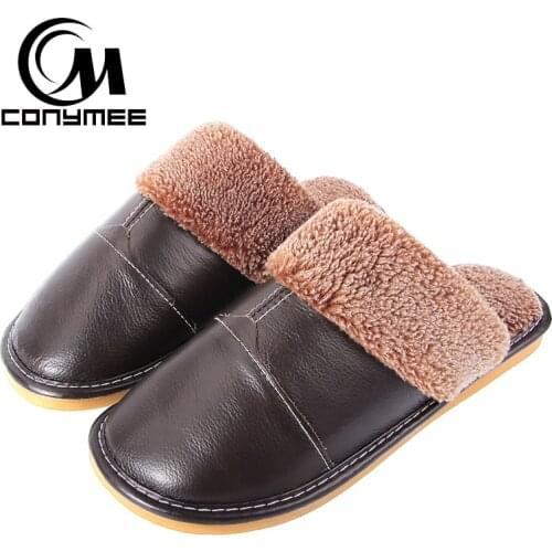 CONYMEE Genuine Leather Shoes Men Winter Casual Sneakers For Home Indoor Slippers Pantufas Non-slip Warm Slipper Plush Shoe