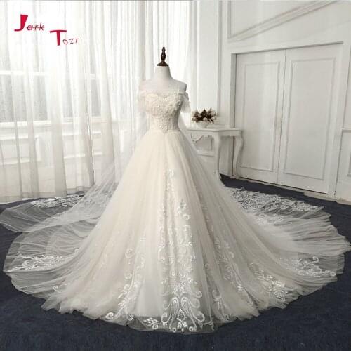 Jark Tozr Beading Crystal Pearls Flowers Bodice Customize Appliques Chapel Train Gorgeous Wedding Dresses Robe De Mariee