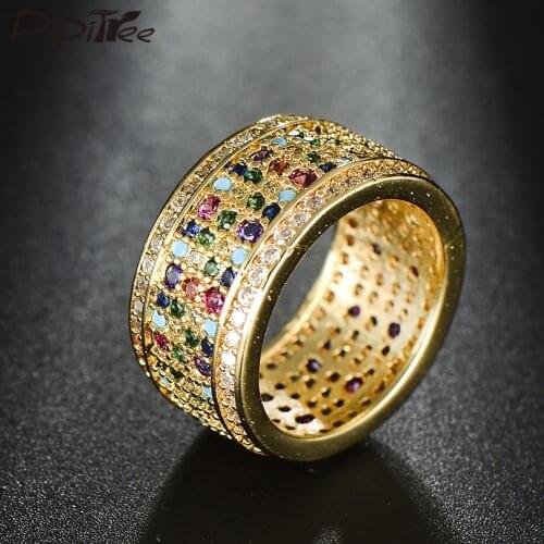Pipitree Gold Color Full Multi CZ Zircon Stone Rings for Women Wide Female Wedding Band Engagement Party Rings Fashion Jewelry