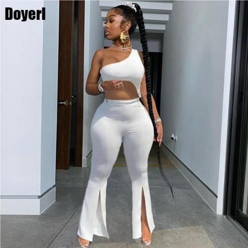 White Sexy Two Piece Set Women Clothing Sets Summer Party Club Outfits for Women One Shoulder Crop Top and Slit Flare Pants Set