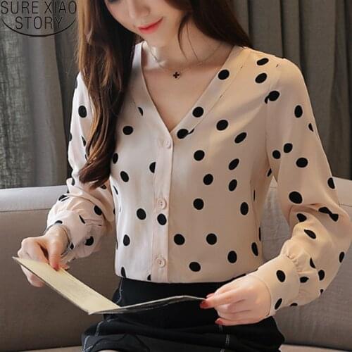 Sexy V-neck Long Sleeve Women Tops 2021 New Autumn Chiffon Blouse Blusas Mujer De Moda 2021 Polka Dot Clothing 5371 50