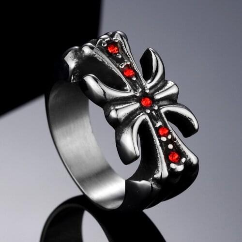 Megin D Stainless Steel Titanium Cross Red Crystal Zircon Flower Crusades Knight Retro Vintage Rings for Men Women Gift Jewelry