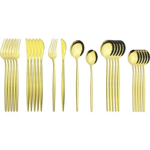 24Pcs/Set Gold Dinnerware Set Knife Fork Dessert Spoon Cutlery Set Stainless Steel Tableware Set Kitchen Flatware Silverware Set