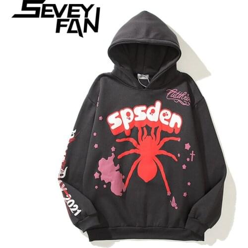 SEVEYFAN New Mens Hip-Hop Hoodie Three-Dimensional Bubble Hair Spider Print Loose Men and Women Pullover