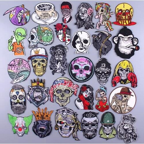 Skull Patch Punk Patch Embroidered Patches For Clothing Iron On Patches For Clothes Applique Stickers Stripe Sewing Supplies DIY